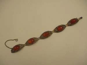 Polish Sterling Silver and Amber Ornate Panel Link Bracelet 8" Gdansk Poland - Picture 1 of 11