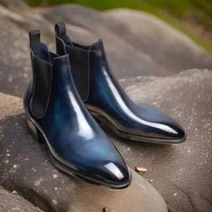 New Handmade Deep Blue Patina Chelsea Boots Leather Fashion Dress Boots For Men. - Bild 1 von 5