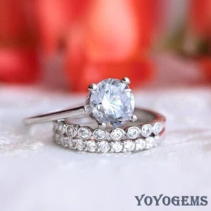 Moissanite Trio Set Engagement Ring 2.50 Carat Round Cut Solid 14K White Gold - Picture 1 of 8