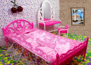 Jouet enfant 1:6 lit rose et commode table à coiffer meubles maison de poupée pour 1/6 poupée - Photo 1/3