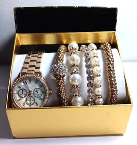 Damenuhr & 5 passende Armbänder goldfarben funkelnde Kunstperlen Geschenkset - Bild 1 von 4