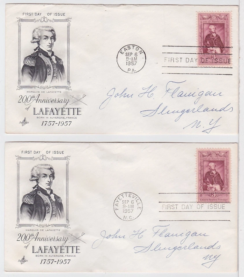 TurtlesTradingPost -  Marquis de Lafayette #1097- 1957 Artcraft FDC Both FD City - Image 1 of 1