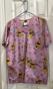 Wonderful World of Disney Scrub Top Pink Winnie Pooh Bear Piglet Nurse Medical S - Picture 1 of 7