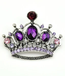 Purple crystal Rhinestone crown brooch silver tone Fashion pin Unique Gift - Picture 1 of 6