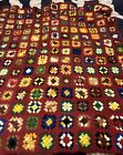 Vtg 70s Brown Multicolor Flower Square Afghan Blanket Granny Crochet Throw 44X55