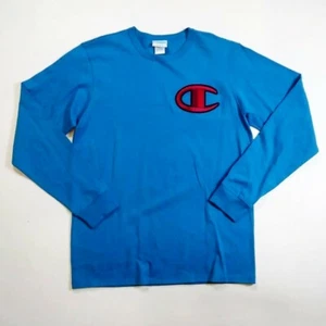Champion 100 % authentisches Herren-T-Shirt Rundhalsausschnitt L/S Größe Large einfarbig Logo blau - Bild 1 von 8