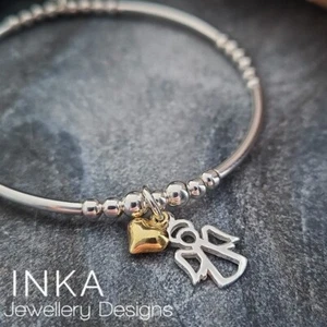 Brazalete apilable de fideos con cuentas de plata de ley 925 inca con dije de ángel y corazón - Imagen 1 de 9