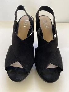 A.N.A Mindy Faux Black Suede Platform Wedge Sandals 6 1/2  - Picture 1 of 8