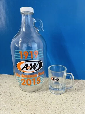 VTG A&W Root Beer Half Gallon Glass Soda Advertising Jug 1919-2015 & Shot Glass! - Изображение 1 из 4