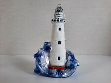 Kurt Adler Noble Gems Lighthouse Glass Ornament. White with black windows. Waves