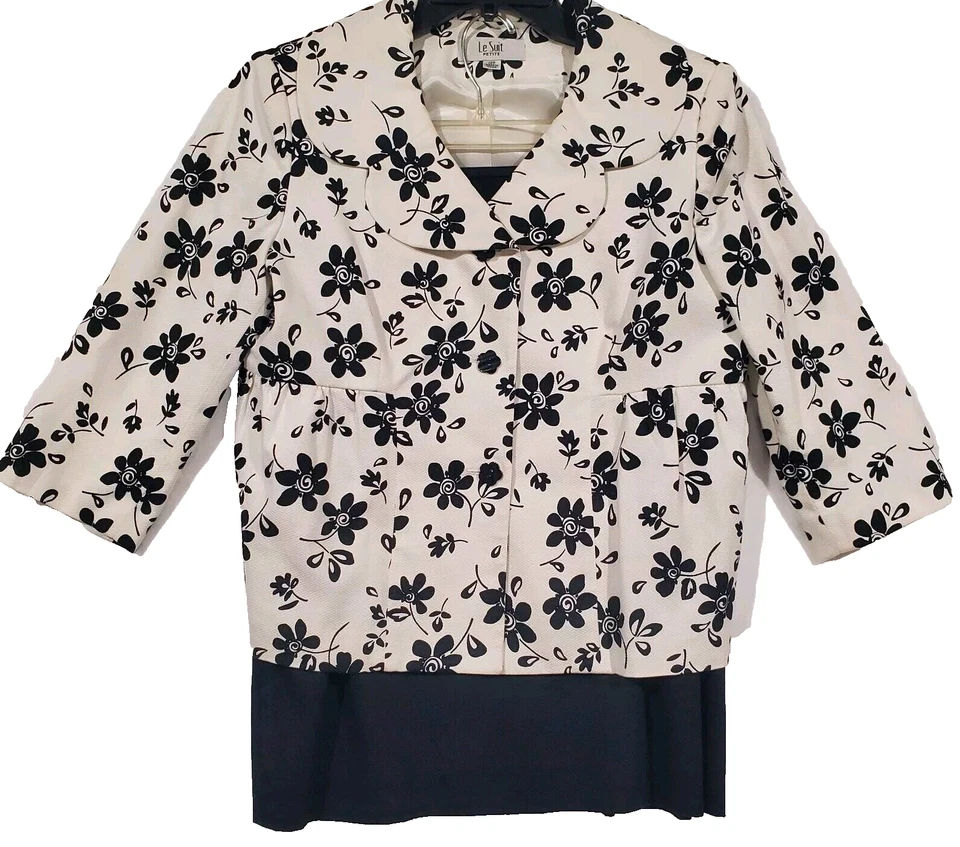 Traje de vestir de 2 piezas para mujer Le Suit Petite talla 12P negro blanco chaqueta floral y Foto 1 de 4