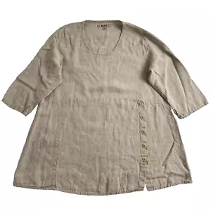 Flax Tunic Blouse Womens M Beige Linen 3/4 Sleeve Lagenlook Button Accent Top - Picture 1 of 14