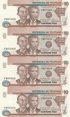 Philippines 2001 10 Piso Last Issue Uncut Sheet of 4 in White Jeepney Folder - Image 1 of 2