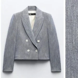 Neu ohne Etikett Zara blau Twill zweireihig Cropped Blazer Blogger Favorit Large - Bild 1 von 12