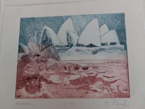 Malerei Zeichnung Australien von P. ? Kunstdruck 3/40 -ohne Rahmen ca. 18x13,5cm - Bild 1 von 1