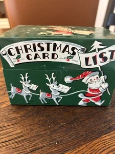 Caja de lista de tarjetas de Navidad de metal Stylecraft vintage verde trineo de Papá Noel reno MCM - Imagen 1 de 7