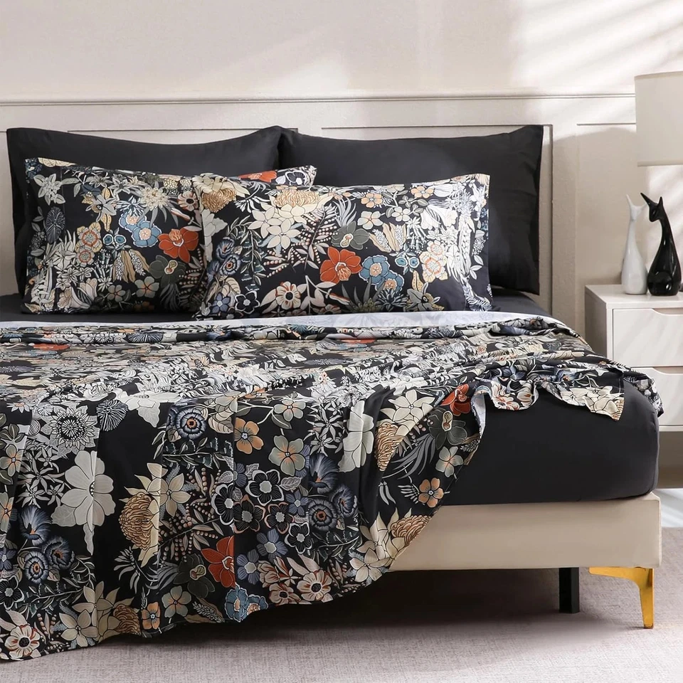 Juego de sábanas ajustables florales tamaño queen, 6 piezas, bolsillo profundo negras Foto 1 de 4