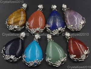 Natural Gemstones Inlaid Flower Teardrop Drop Reiki Chakra Healing Pendant Beads - Bild 1 von 20