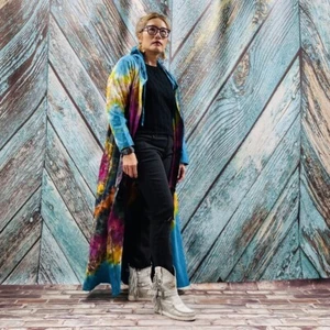 Dream Hand Tie Dye Duster Hoodie Cardi Kimono Festival Dress Boho Abaya Gown - Picture 1 of 12