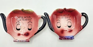 Pair Tea Bag Holders "I will hold the tea bag" Ceramic Anthropomorphic Japan VTG - Picture 1 of 3