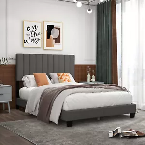 Queen Upholstered Platform Bed Frame Mattress Foundation Box Spring Needed Gray - Picture 1 of 10