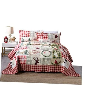 3 Piece Rustic Lodge Deer Quilt Christmas Quilt Quilted Bedspread Printed Queen - Picture 1 of 7
