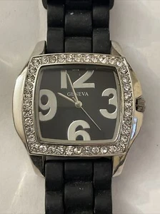 GENEVA BLACK  WOMENS WATCH BEJEWELED BEZEL SILICONE BAND SILVER ACCENTS PERFECT! - Picture 1 of 5
