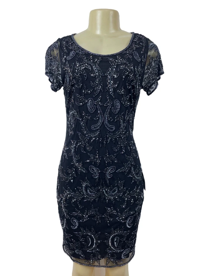 Платье-футляр женское Adrianna Papell с блестками украшенное черной сеткой короткий рукав - Изображение 1 из 4