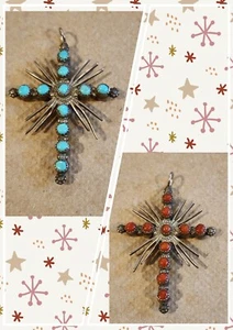 Cruz de rayos de luz coral turquesa punto pequeño Zuni esterlina de 2 caras vintage - Imagen 1 de 12