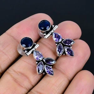 Iolite, Amethyst Gemstone 925 Sterling Silver Chandelier Earrings 1.9" VJ 5322 - Picture 1 of 5