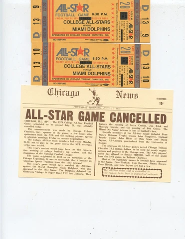 (2) 1974 "MIAMI DOLPHINS vs. COLLEGE ALL-STARS" FULL UNUSED TICKETS (NICE) Cover