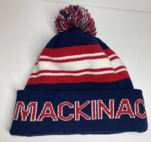 Mackinac Island Knit Cap Beanie Hat Blue Red  Stripes Cuff Pom Stretch Fit - Picture 1 of 9