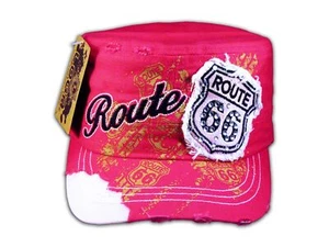 Pink Route 66 Cadet Castro Cap Vintage Military Army Hat Distressed - Picture 1 of 4