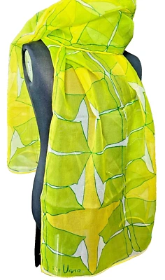 Винтажный Vera Neumann шелковая смесь шифоновое шарф, зеленый/желтый абстрактный w/божья коровка - Изображение 1 из 4