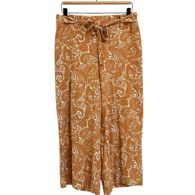Sigrid Olsen Mujer Marrón Boho Paisley Recortado Pierna Ancha Cinturón Lino Pantalones Medianos Foto 1 de 4