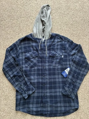 Hurley Men’s Size Small  Hooded Button Down Flannel Blue Plaid Shirt NWT - Image 1 of 4