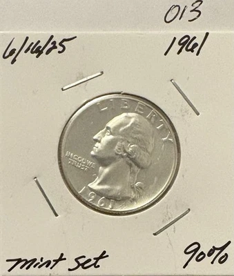 1961 UNC 90% Silver Washington Quarter -013 - Image 1 of 2