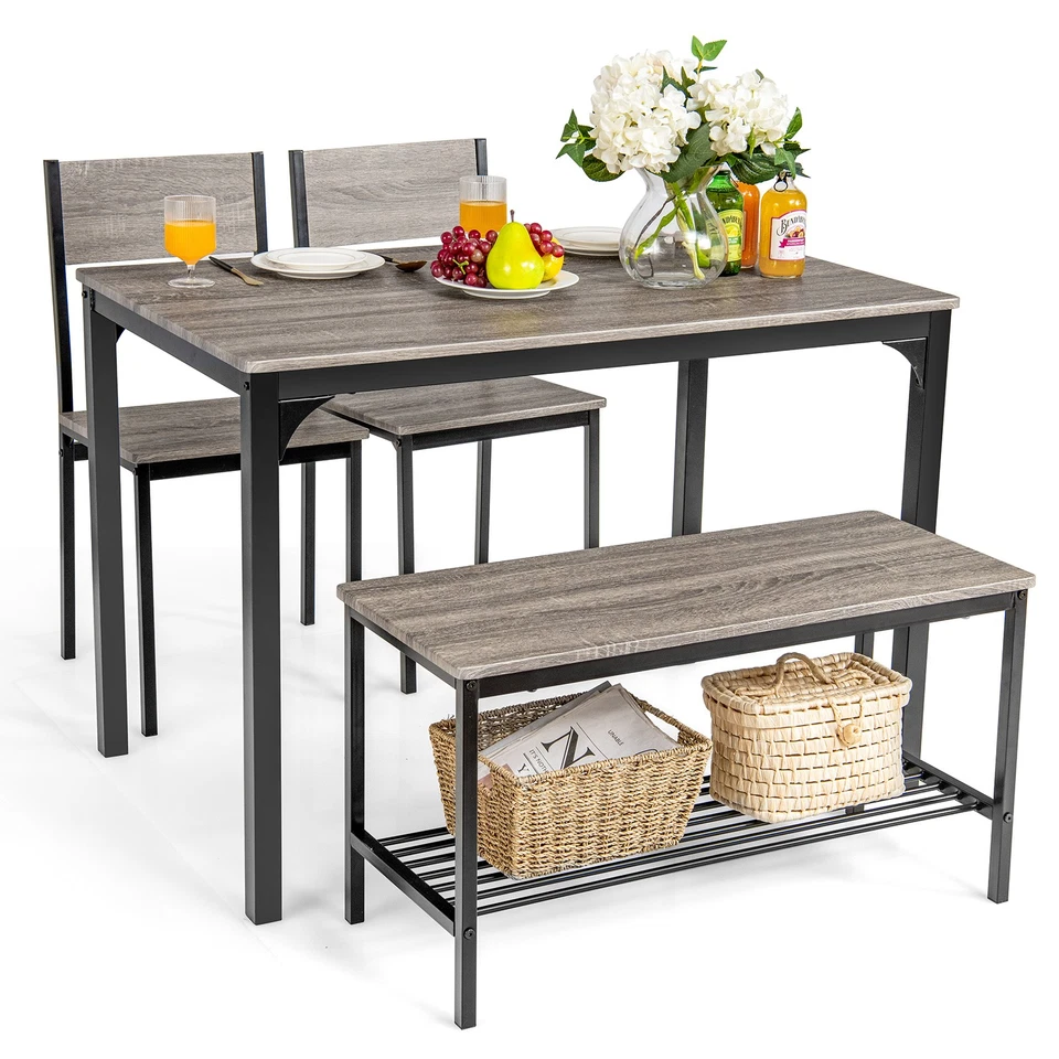 Costway 4pcs Dining Table Set Rustic Desk Bench & 2 Chairsw/ Storage Rack Grey