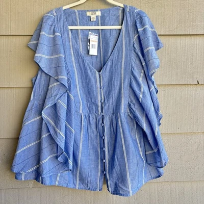 NWT Vintage America Blues Womens 2X Blue Striped Ruffle Sleeve Peplum Cotton Top - Image 1 of 4