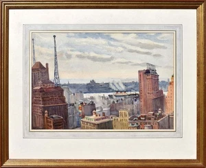 Original MS Elwes Gemälde um 1945 - Manhattan Skyline - Queen Mary "Grey Ghost" - Bild 1 von 9