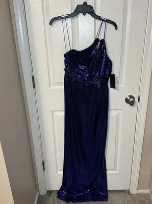 NWT Aidan by Aidan Mattox Asymmetric Metallic Dot Knit Gown Size 10 Cobalt Blue - Image 1 of 4