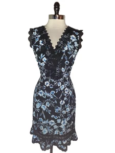 KARL LAGERFELD Size 12 A-Line Dress Black Blue White Floral Stretch Knit - Picture 1 of 8