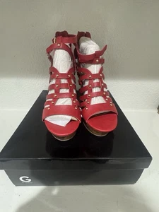G by Guess Red Wedge Gladiator Sandals Women's Open Toe Zip Up Cork Heel - Picture 1 of 5