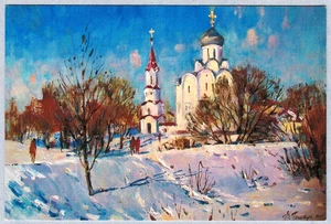 V. Peshkun Sunny Winter scene in Russian town SNOW CHURCH Russian postcard - Picture 1 of 2