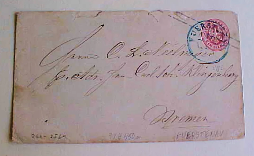 GERMAN STATES PRUSSIA  ENTIRE #26A  cat.450M($300.00) FUERSTENAU B/S BREMEN - Image 1 of 1