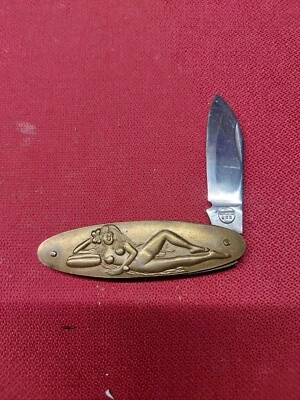 Faca #0 Remington UMC Vintage Bolso Dobrável Cabo de Latão Senhora Nua - Imagem 1 de 4