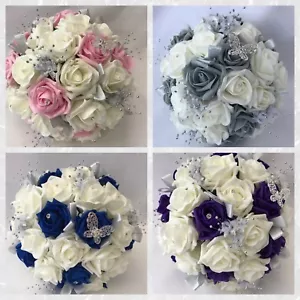 wedding bouquets brides posy teardrop flowers Ivory purple rose butterfly - Picture 1 of 13