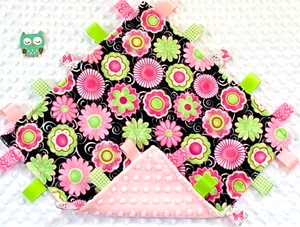 Double Minky! Pink Green Flowers & Pink Minky Tag Taggie Security Blanket, Baby - Picture 1 of 1