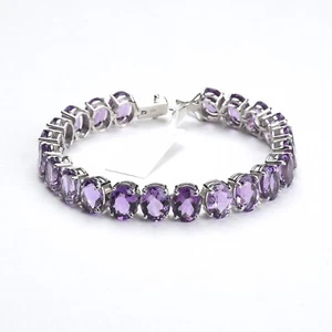 Oval Purple Amethyst Gemstone Sterling Silver Tennis Bracelet  7" inches - Picture 1 of 4