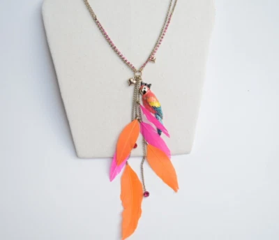 Betsey Johnson Rio Parrot Feathers Crystal Heart Colorful Necklace RARE - Image 1 of 4